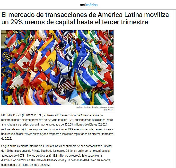 El mercado de transacciones de Amrica Latina moviliza un 29% menos de capital hasta el tercer trimestre
